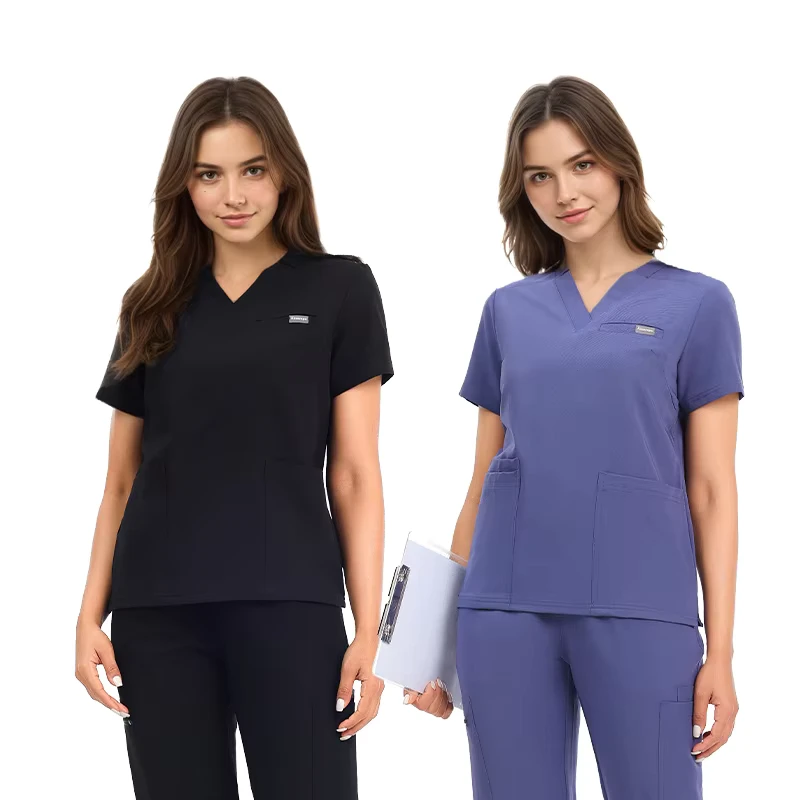 75% Polyester 19% Rayon 6% Spandex Medical Scrub Set Women Slim Fit V Neck Jogger Pants 200GSM Uniform
