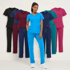 92% Poly 8% Spandex Modern Notched Neck Medical Scrubs for Women Athletic Fit Straight Pant High Elasticity Soft Nursing Uniform