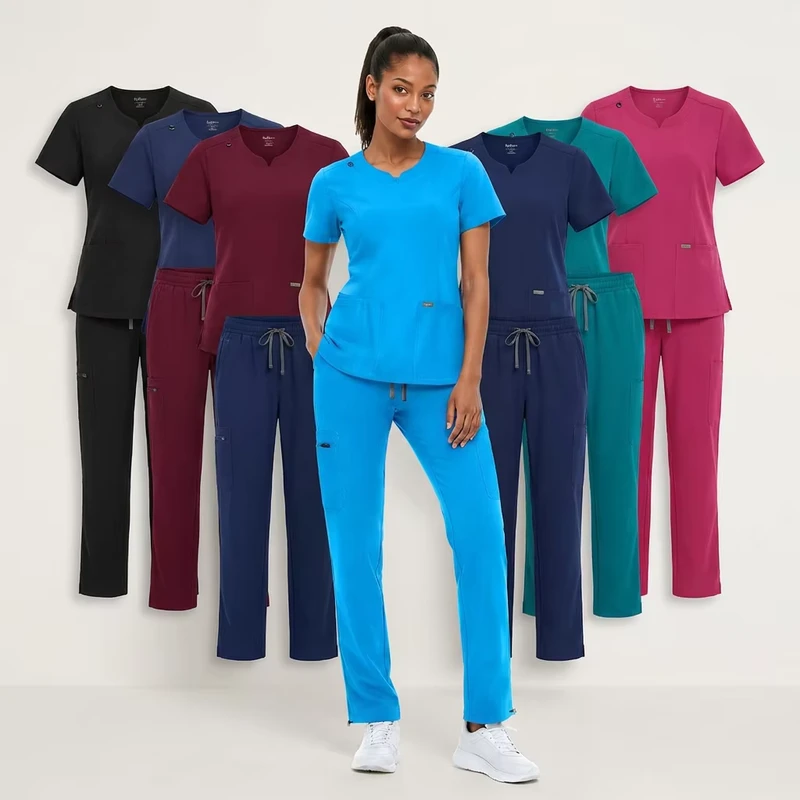 92% Poly 8% Spandex Modern Notched Neck Medical Scrubs for Women Athletic Fit Straight Pant High Elasticity Soft Nursing Uniform