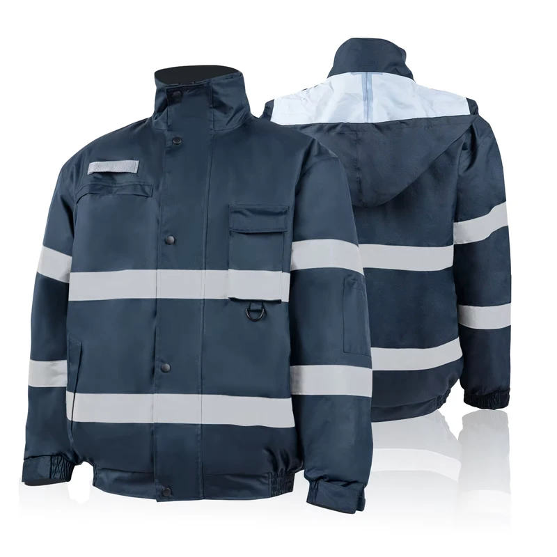 ANSI Class 1 300D Oxford Navy High Visibility Waterproof Reflective Work Jackets Customized Logo Men Construction road Use