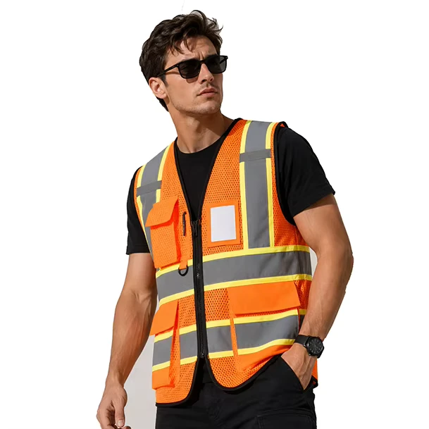 ANSI Class 2 Hi-Vis Mesh Vest, Reflective, Multi-Pocket, Adjustable, Construction