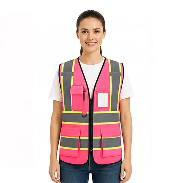 ANSI Class 2 Hi Vis Reflective Construction Safety Vest with Multiple Adjustable Pockets