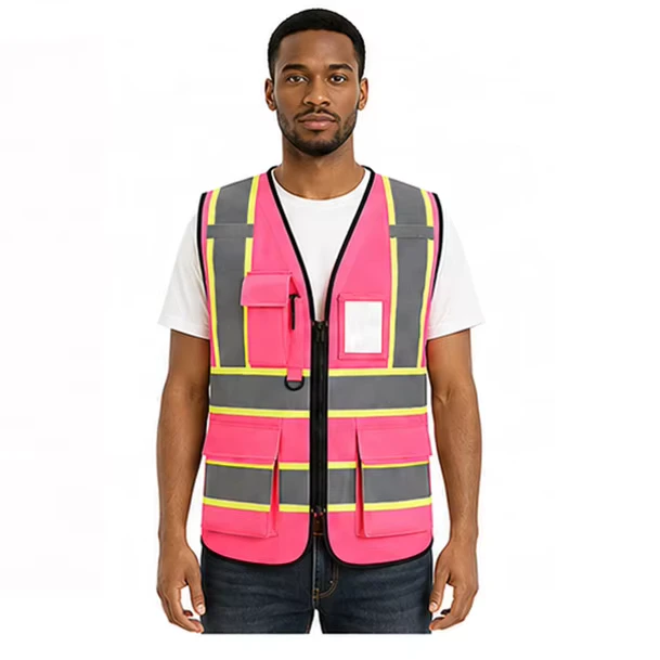 ANSI Class 2 Hi Vis Reflective Construction Safety Vest with Multiple Adjustable Pockets