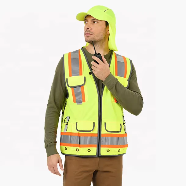 ANSI Class 2 Hi Vis Reflective Multi-Pocket Adjustable Safety Vest for Construction