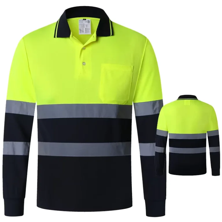 ANSI-Class-2-Hi-Vis-Yellow-Navy-Long-Sleeve-Reflective-Polo-Shirt-LED-Flash-100-Polyester