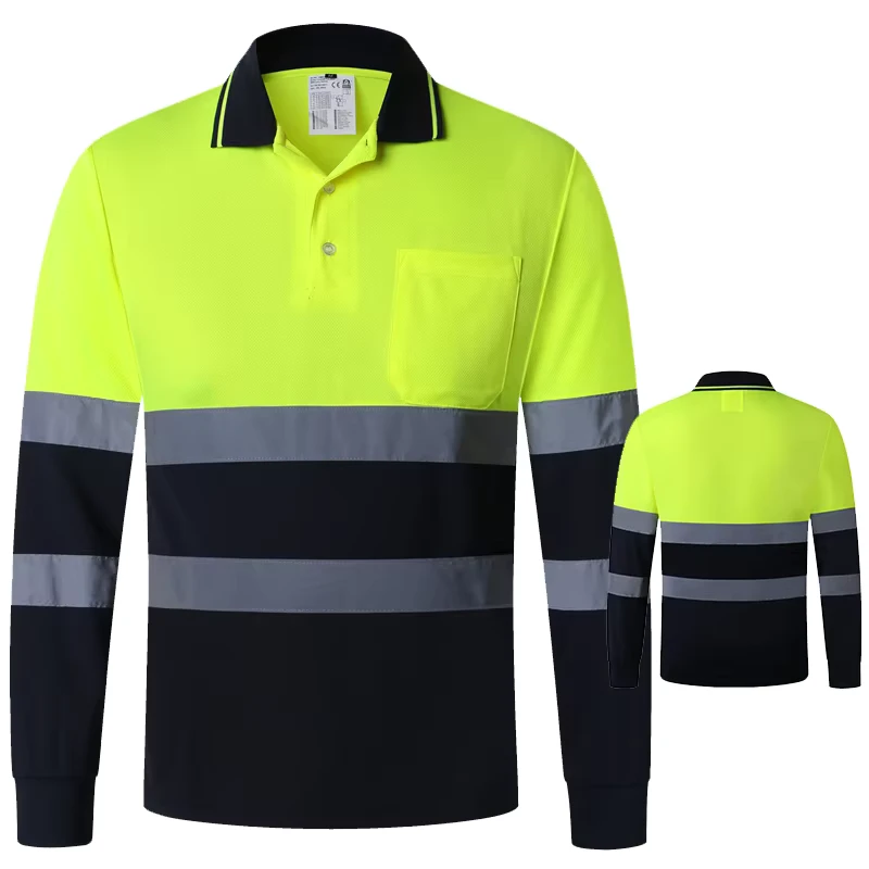 ANSI Class 2 Hi Vis Yellow Navy Long Sleeve Reflective Polo Shirt LED Flash 100% Polyester