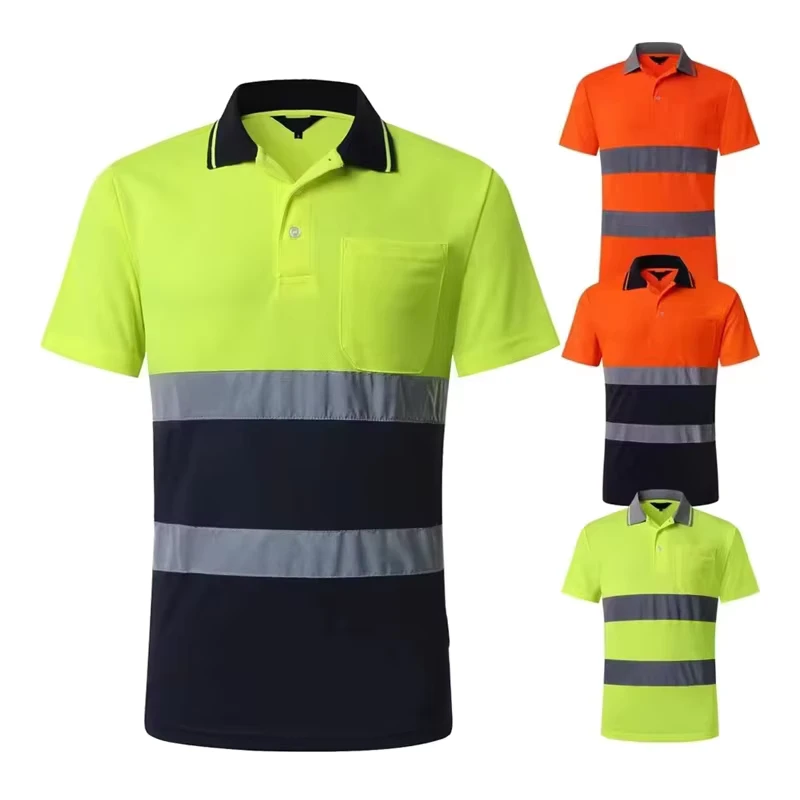 ANSI Class 2 Hi Viz Men Quick Drying High Visibility Polo Workwear 100% Polyester Roadway Work Safety Shirt Reflective T Shirt