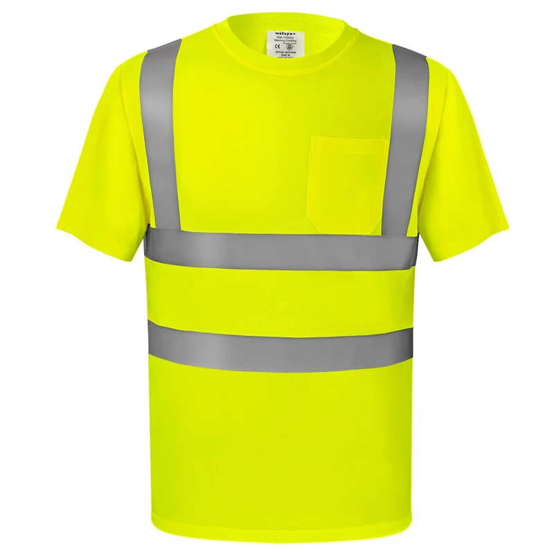 ANSI Class 2 High Visibility Reflective Safety T Shirt Breathable 100% Polyester Mesh Short Sleeve Pocket for Construction