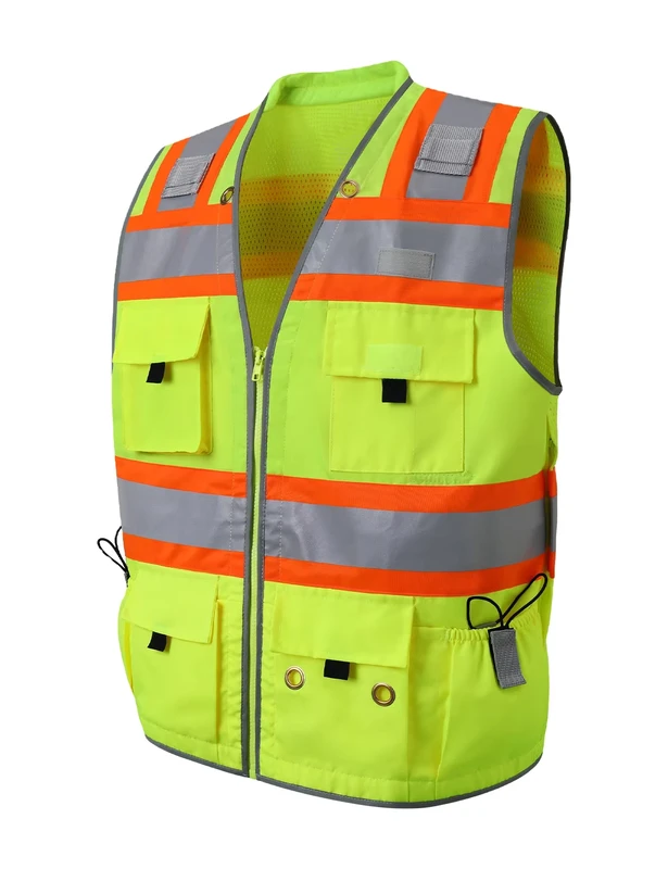 ANSI Class 2 High Visibility Waterproof Breathable Safety Vest 7 Pockets Fluorescent Green Large Back Pocket Construction