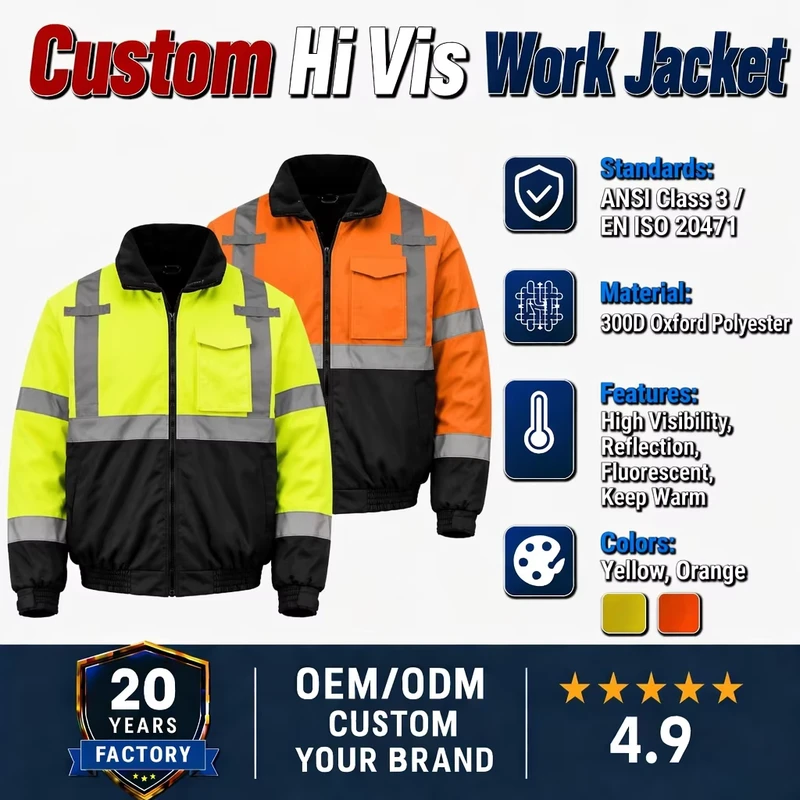 ANSI Class 3 Hi Vis Bomber Jacket Waterproof Insulated Safety Clothing Reflective Winter Work Jacket for Construction
