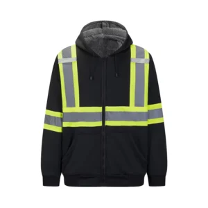 ANSI Class 3 Hi Vis Hoodie OEM Safety Workwear Black High Visibility Sweaters Full Zip Fleece Hooded Work Safety Hoodie