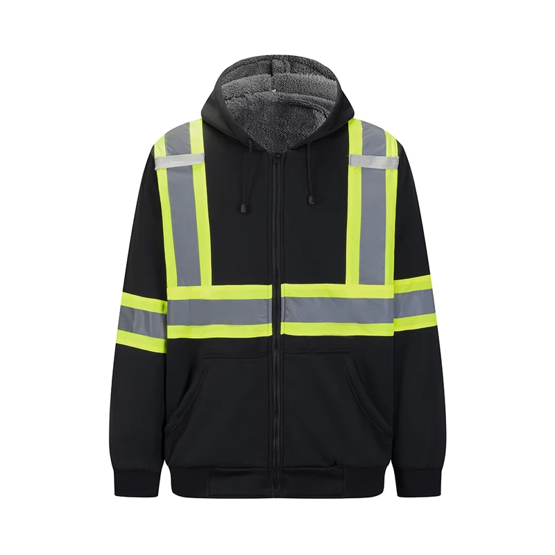 ANSI Class 3 Hi Vis Hoodie OEM Safety Workwear Black High Visibility Sweaters Full Zip Fleece Hooded Work Safety Hoodie