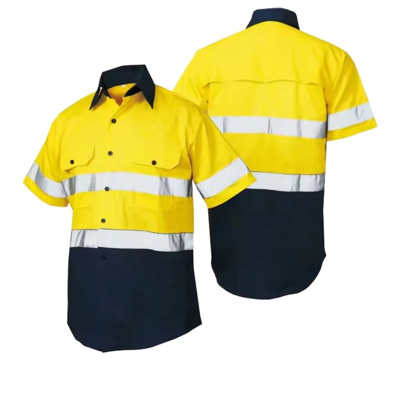 ANSI Class 3 Hi Vis Reflective Short Sleeve Breathable Men Safety Summer Construction Shirts with Vented and Mesh Lining