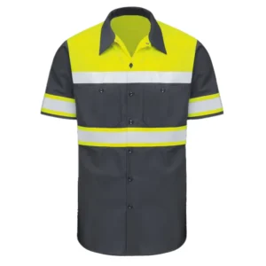 ANSI Class 3 Hi Vis Reflective Short Sleeve Button up Men Safety Work Shirts for Road Construction Custom Logo