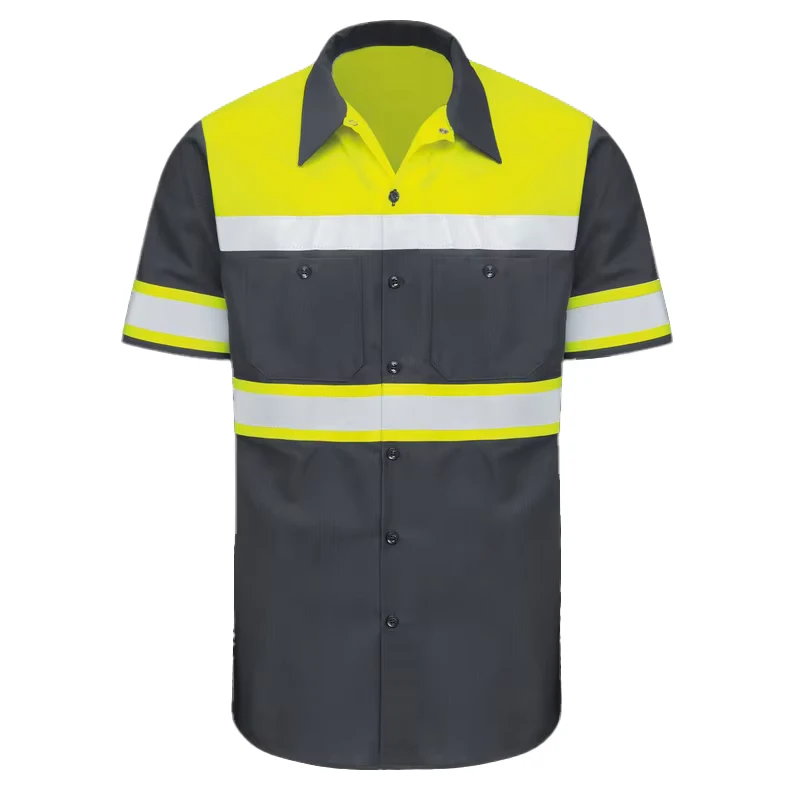 ANSI Class 3 Hi Vis Reflective Short Sleeve Button up Men Safety Work Shirts for Road Construction Custom Logo