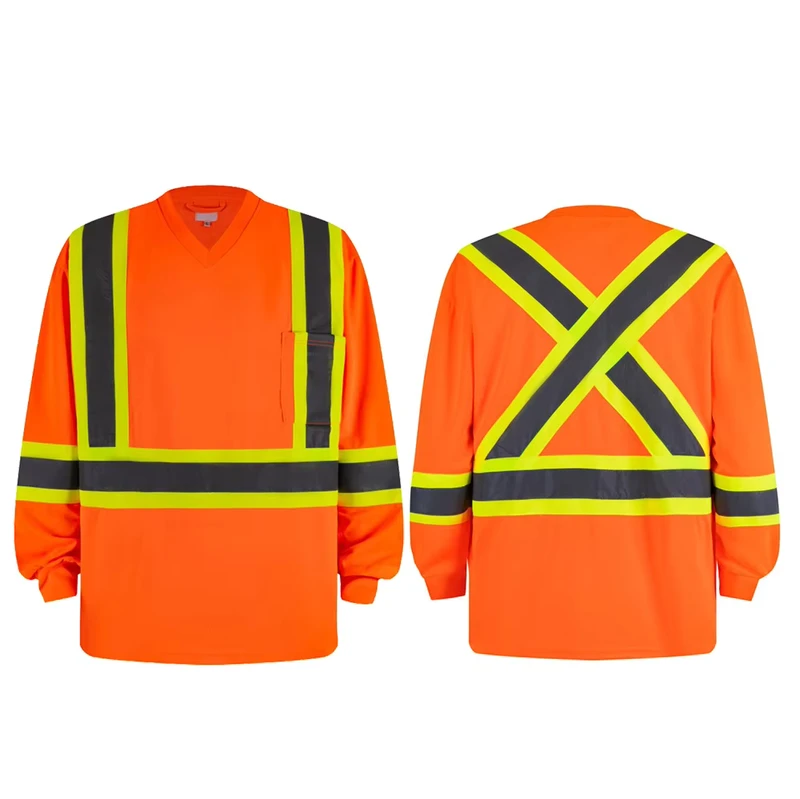 ANSI Class 3 Hi Vis T Shirt X Back Two Tone Reflective T Shirt V Neck Safety Orange Long Sleeve High Visibility T shirt