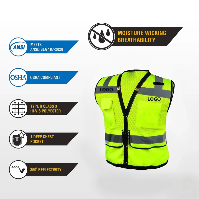 ANSI Class Two Breathable Mesh Construction Workers Traffic Control Custom Logo Printing Reflective Safety Vest