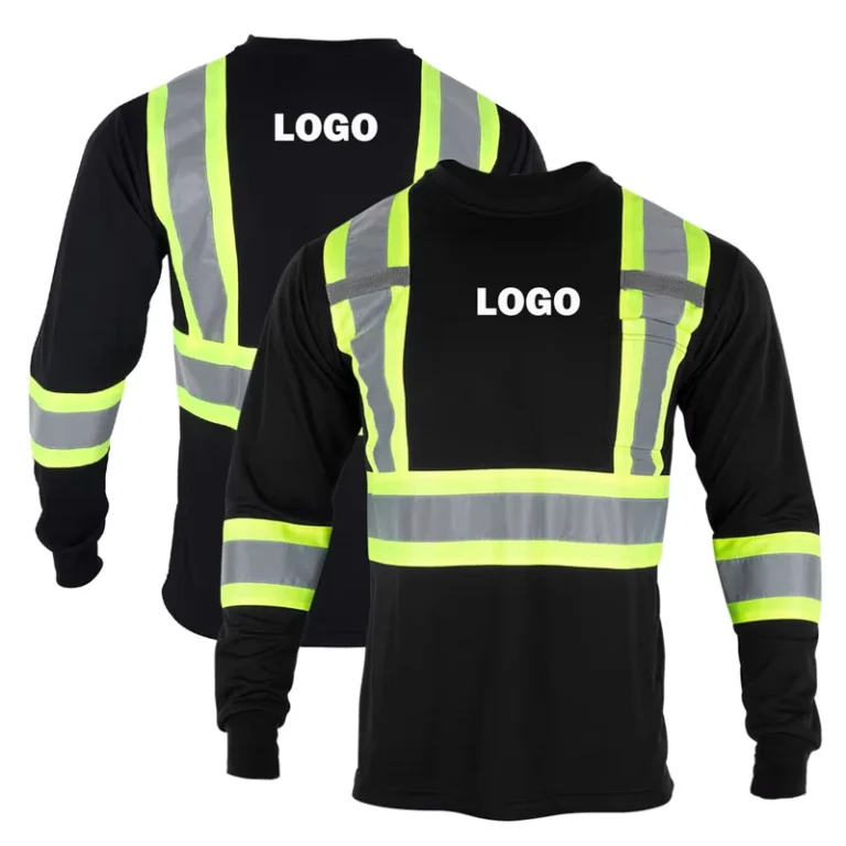 ANSI-Hi-Vis-Class-1-Black-Breathable-70-Polyester-Cotton-Blended-Long-Sleeve-Reflective-Safety-Shirt