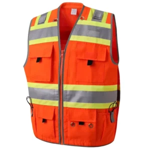 ANSI Hi Vis Class 2 Multiple 7 Pockets Fluorescent Orange for Men Women for Work Construction Large Back Pocket Safety Vest