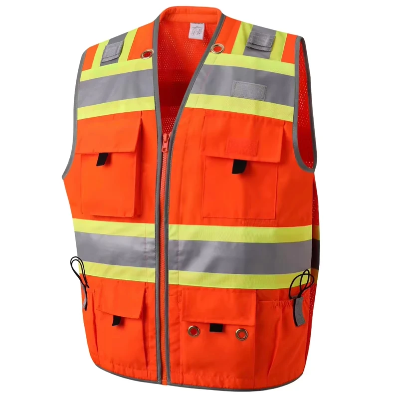 ANSI Hi Vis Class 2 Multiple 7 Pockets Fluorescent Orange for Men Women for Work Construction Large Back Pocket Safety Vest