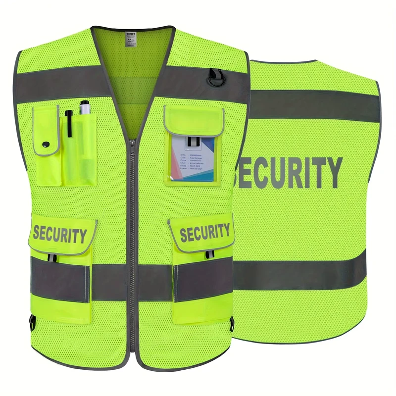 ANSI ISEA Security Vest for Security Guard 9 Pockets High Visibility Reflective Safety Vest for Men Women Durable Hi Vis Vest