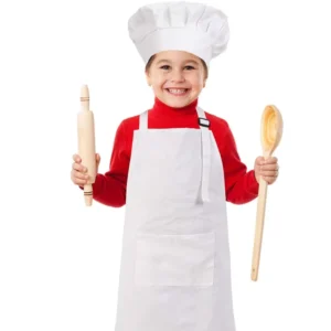 Adjustable Cotton Child Kids Kitchen Apron and Chef Hat Set for Kids Girls Boys with Large Pocket