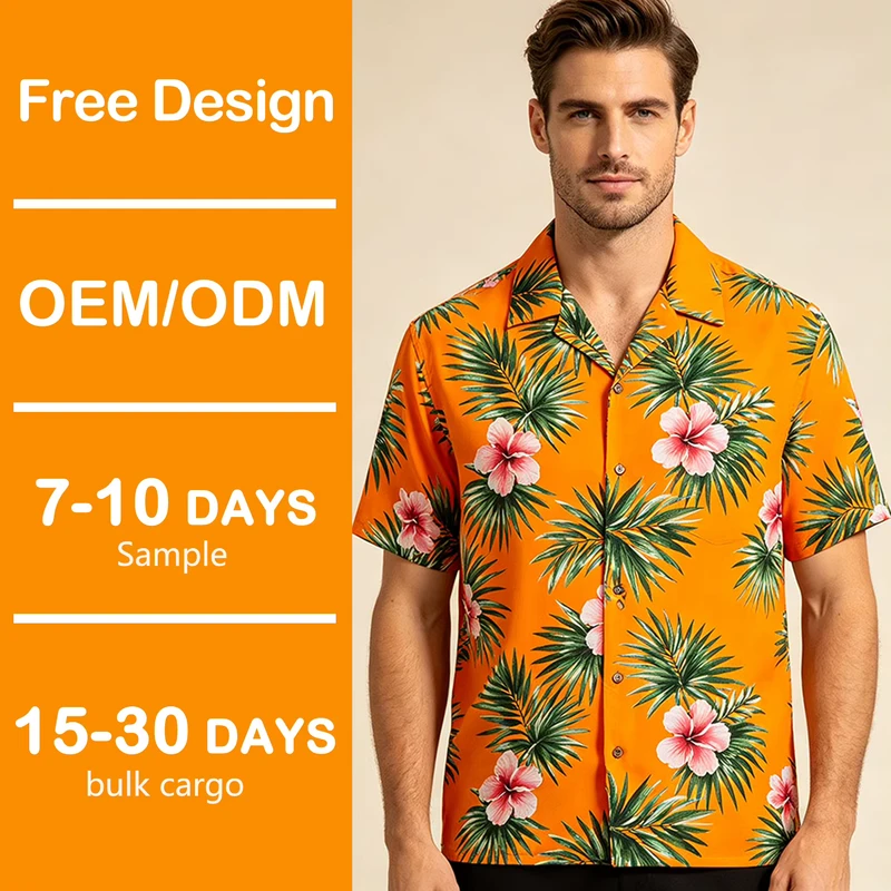 Aloha Shirt Rayon Skin Friendly Fabric Retro Plumeria Floral Print Custom Embroidery Logo Collar Detail Customization