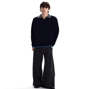 American Retro Preppy Style Lapel Sweater for Men Color Blocking Two Piece Knitwear