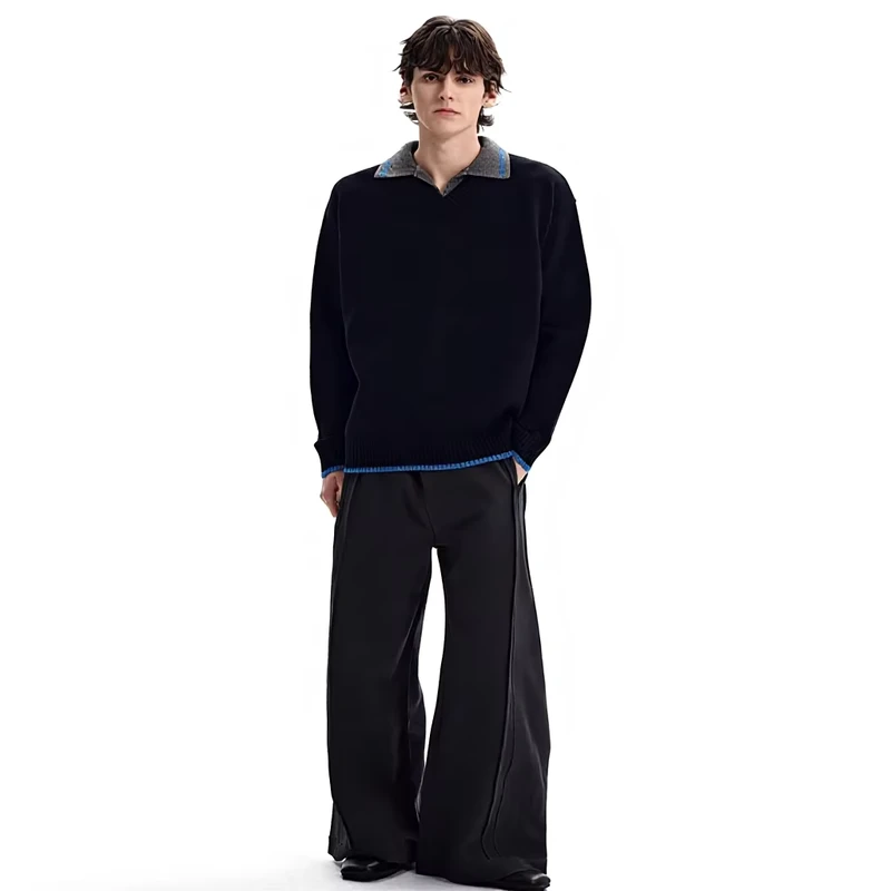 American Retro Preppy Style Lapel Sweater for Men Color Blocking Two Piece Knitwear