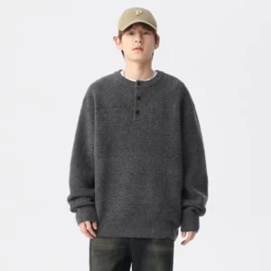 American Retro Simple Solid Color Henley Collar Sweater Men’S High End Sense Lazy Unisex Style Knitwear Custom Colorful Sweater