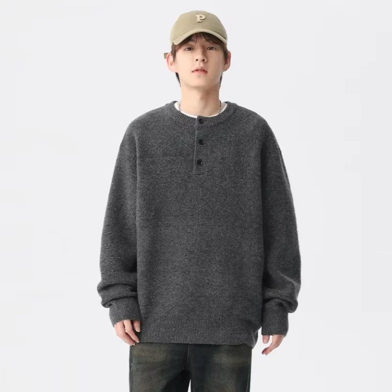 American-Retro-Simple-Solid-Color-Henley-Collar-Sweater-MenS-High-End-Sense-Lazy-Unisex-Style-Knitwear-Custom-Colorful-Sweater