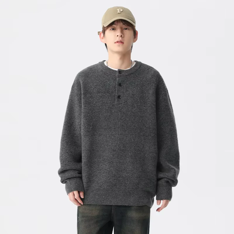 American Retro Simple Solid Color Henley Collar Sweater Men'S High End Sense Lazy Unisex Style Knitwear Custom Colorful Sweater