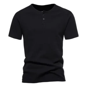 American Style Fitness T Shirt Men Button Henley Short Sleeve Sports Cotton Slim Fit Breathable Stretchy Anti Pilling Blank