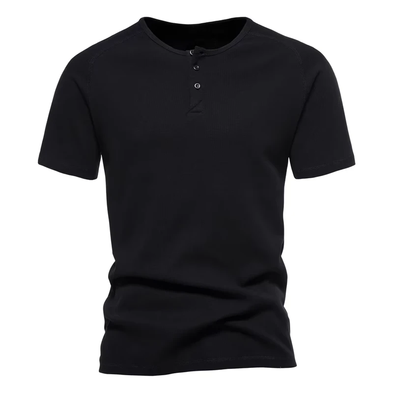American Style Fitness T Shirt Men Button Henley Short Sleeve Sports Cotton Slim Fit Breathable Stretchy Anti Pilling Blank
