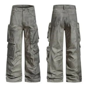 American Style Winter 100% Cotton Dirty-Dye Multi-Pocket Functional Cargo Pants Loose-Fit Unisex Straight-Leg