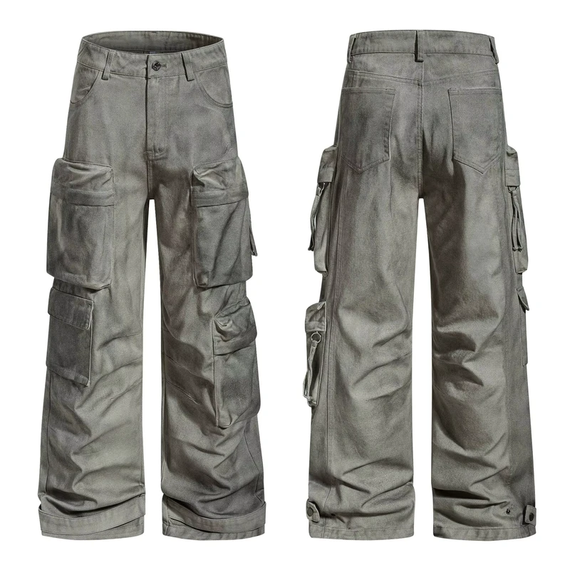 American Style Winter 100% Cotton Dirty-Dye Multi-Pocket Functional Cargo Pants Loose-Fit Unisex Straight-Leg