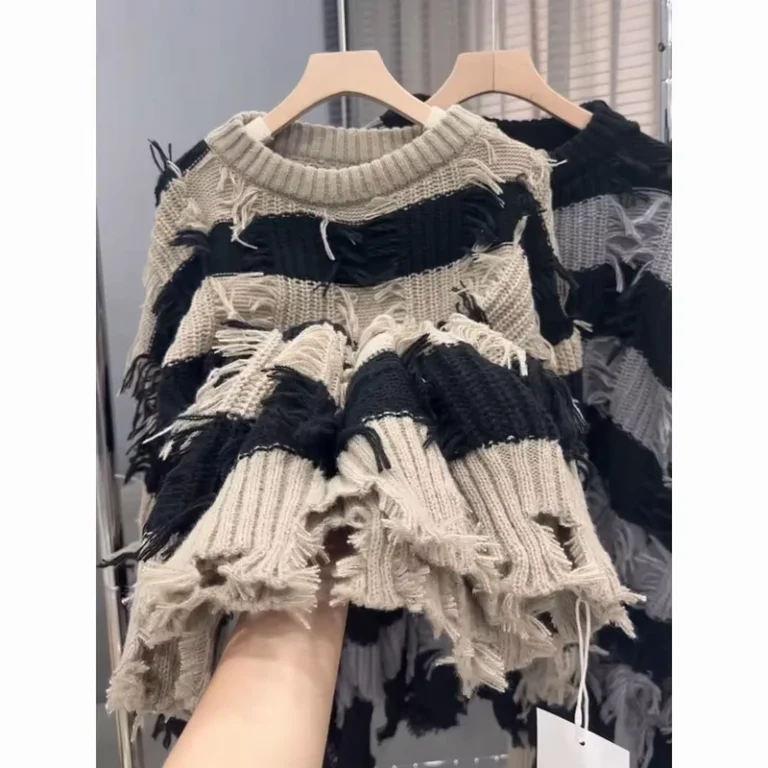 American-Vintage-Port-Wind-Worn-Fringe-Stripe-Round-Neck-Sweater-Design-Feel-Knitted-Top