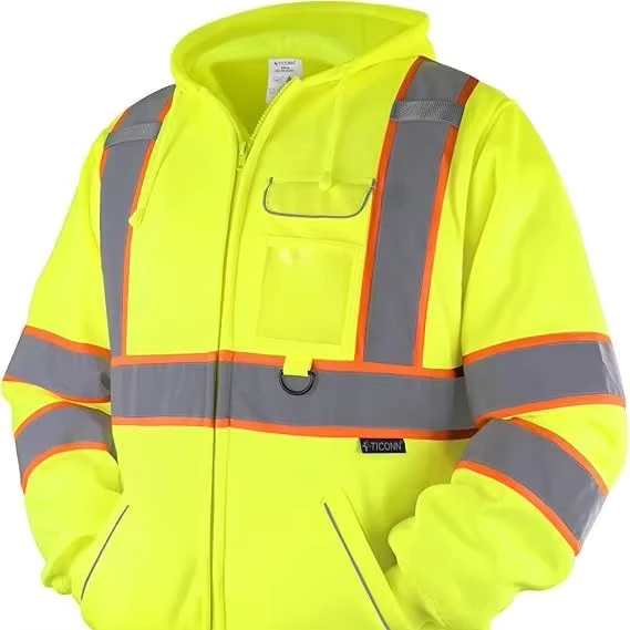 Aoke ANSI Class 2 Hi Vis Reflective LED Flash Customized Logo Safety Hooded Jacket Fleece for Cold Weather PPE