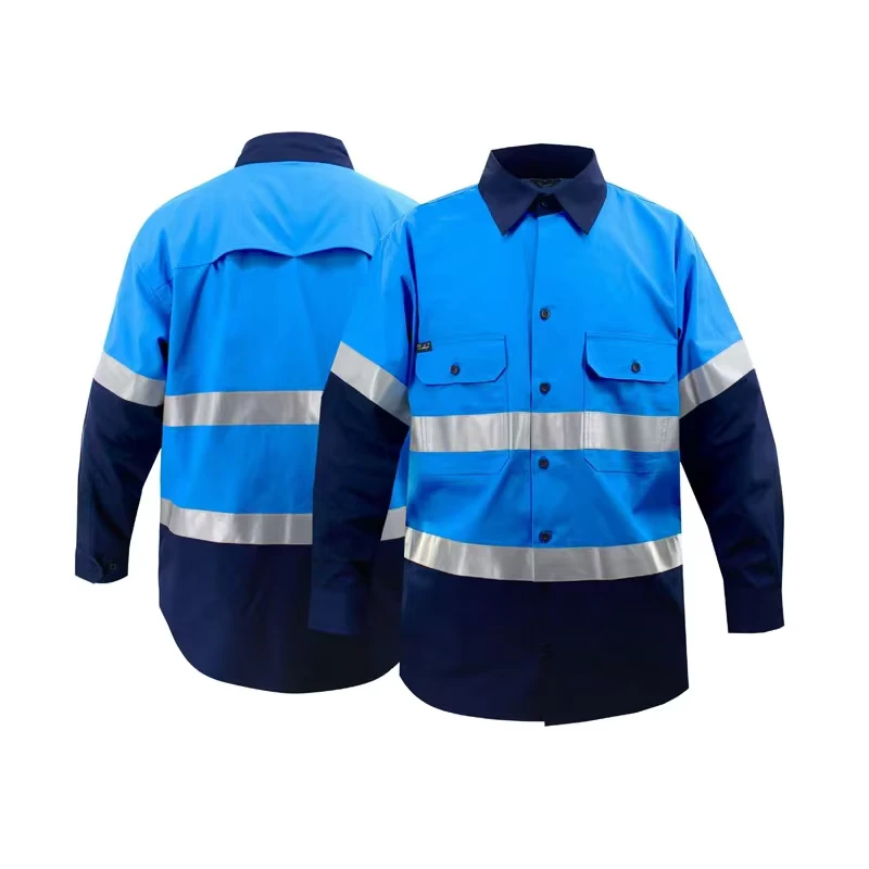 Australian High Visibility Cotton Drill Work Shirt Long Sleeve Reflective Mining Hi Vis Breathable Feature