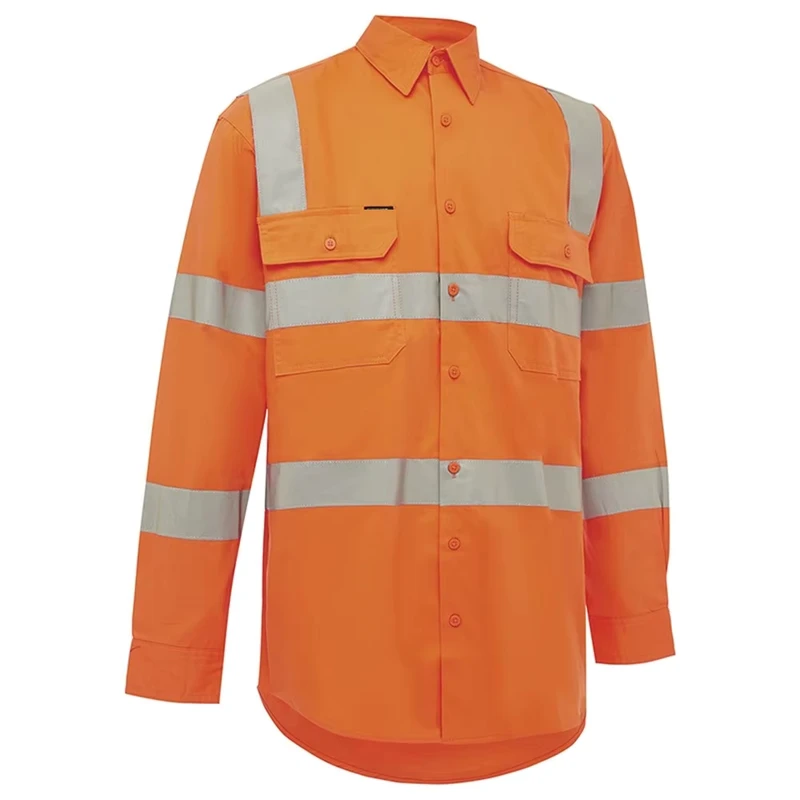 Australian High Visibility Cotton Drill Work Shirt Long Sleeve Reflective Mining Hi Vis Breathable Feature