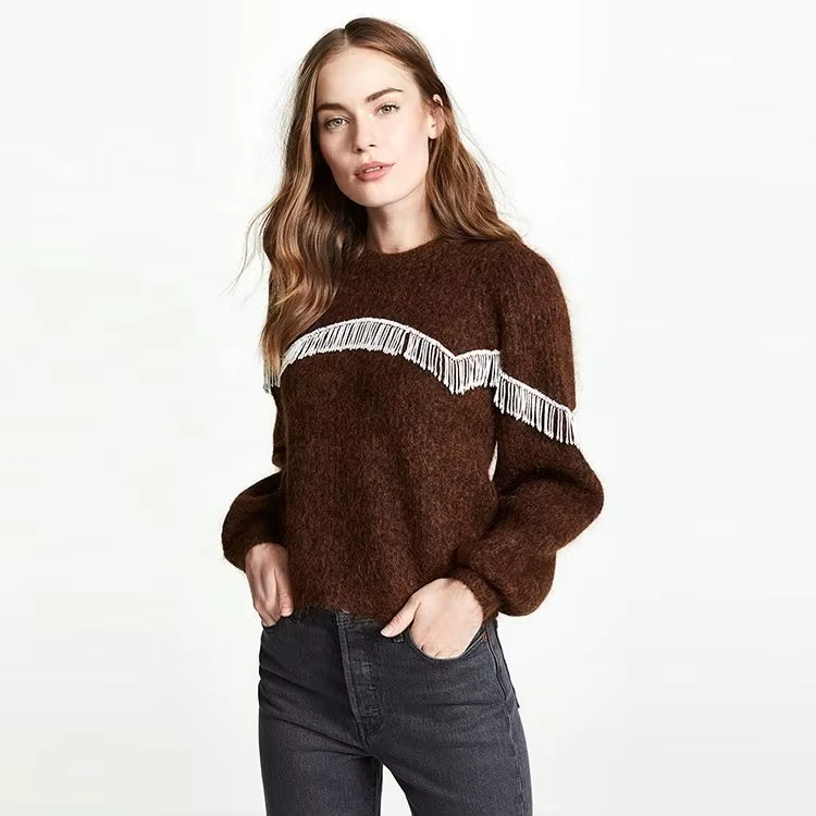 Autumn Casual Varsity Sweaters Plus Size Crew Neck Pullover with Long Sleeves and Fringe Solid Pattern