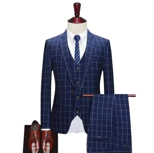 Autumn Jacket Pants Vest Set Male Casual Boutique Wedding Groom Plaid Blazzer for Men Suit 3 Pieces Trousers Tuxedo