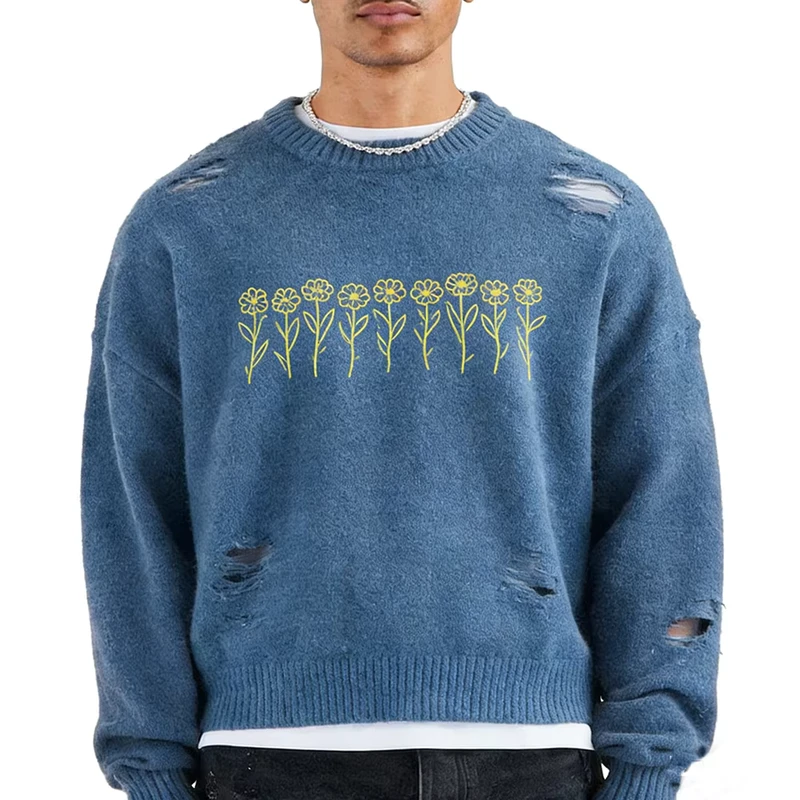 Autumn Jacquard Crochet Broken Hole Sweater Loose Letter Distressed Men's Crew Neck Style Sweater