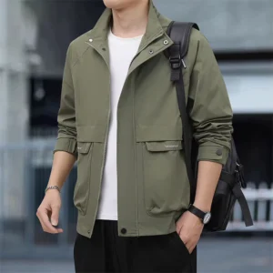 Autumn Men’s Casual Workwear Tops 4XL Size Rabbit Fur Zipper Closure Front Embroidered Logo Stand Collar Jacket