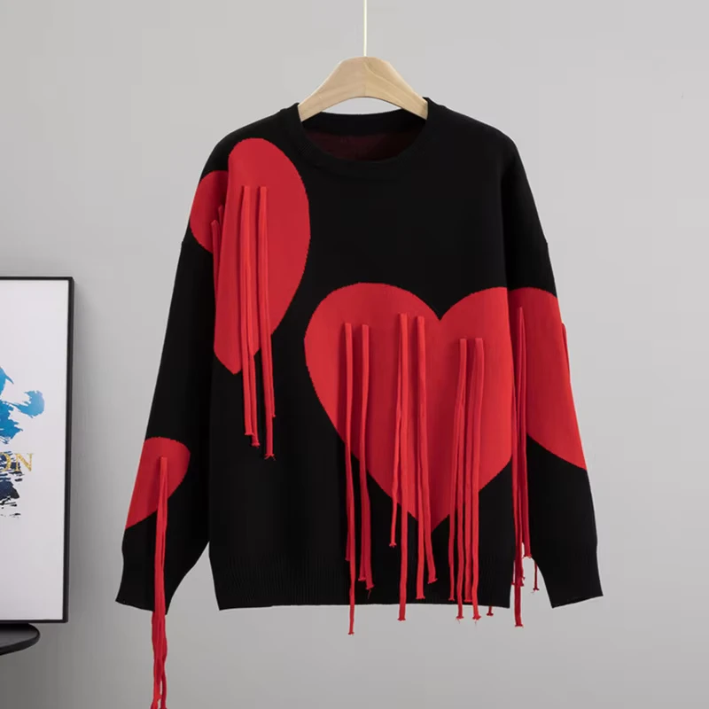 Autumn Winter Love Heart With Stassel Round Neck Sweaters For Women
