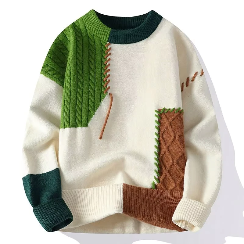 Autumn Winter Men's Casual Base Sweater Loose Japanese Design with Patchwork Pattern