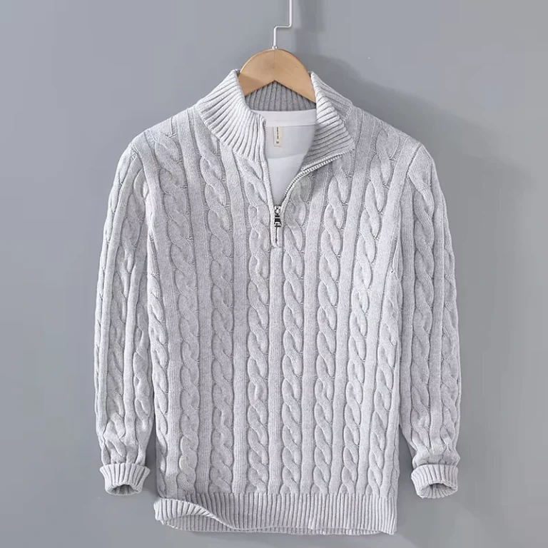 Autumn-Winter-New-Mens-Warm-Thick-Knit-High-Neck-Sweater-Twisted-Cable-Knit-Half-Zip-Design-Casual-Cozy-Pullover