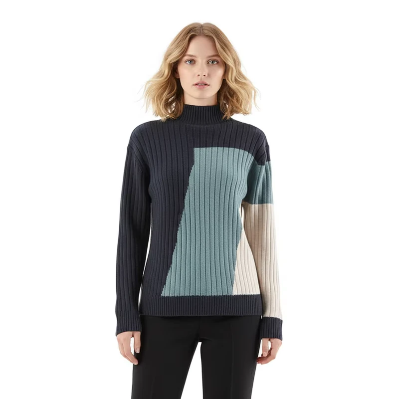 Autumn Winter Women's Handmade Tricolor Splice Casual Trend Pit Strip Knitting Loose Skinny Knitting Pullover Knitted Sweater