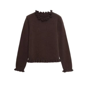 Autumn Women’s Temperament Simple Layered Vintage Print Ruched Neck Woven Long sleeved Sweater