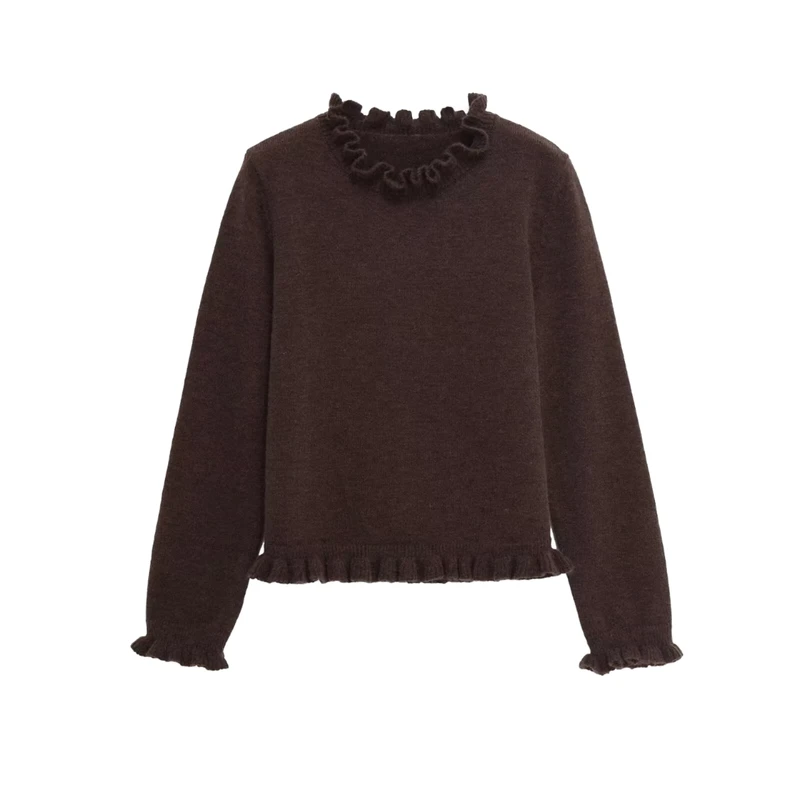 Autumn Women's Temperament Simple Layered Vintage Print Ruched Neck Woven Long sleeved Sweater
